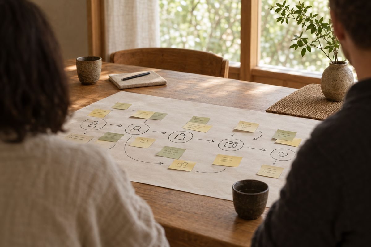 Planning notes laid out on a table